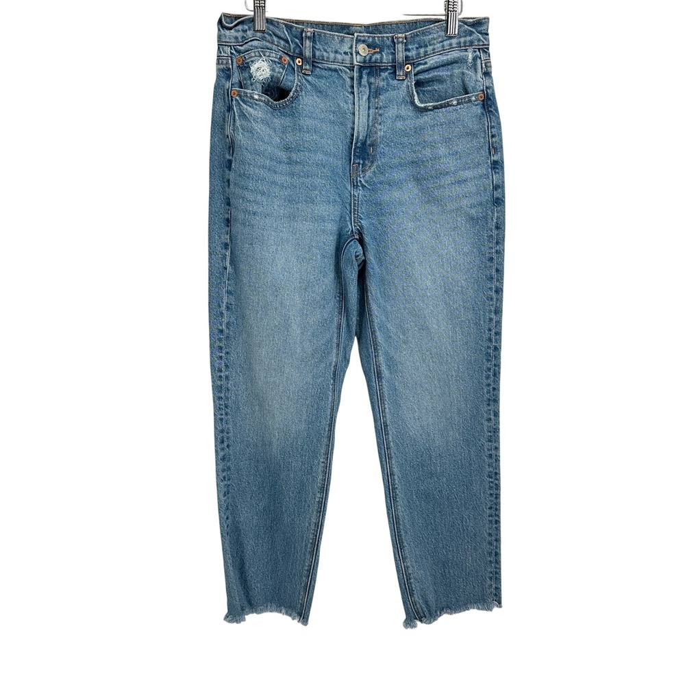 American Eagle Super High-Rise Ankle Straight Jeans 6 Short Blue Raw Hem Stretch